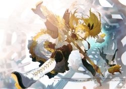 Rule 34 | alternate costume, alternate hairstyle, aqua eyes, black legwear, blonde hair, blurry, boots, cross-laced footwear, depth of field, dress, frilled dress, frills, from below, guitar, hair ornament, hairclip, high heel boots, high heels, holding, holding instrument, holding plectrum, instrument, kagamine rin, lace-up boots, looking at viewer, midair, multicolored hair, multiple persona, nuclear reactor, plectrum, ribbon, roshin yuukai (vocaloid), shoe soles, solo focus, spencer sais, thighhighs, twintails, two-tone dress, upskirt, vocaloid, zettai ryouiki