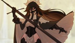 Rule 34 | 1girl, armored corset, black eyes, black hair, blurry, blurry background, brown hair, cape, centurii-chan (artist), commentary, english commentary, executioner maid (centuriic), frills, highres, holding, holding sword, holding weapon, long hair, looking at viewer, maid, maid headdress, mask, mouth mask, mouth veil, multicolored hair, original, pelvic curtain, solo, sword, thighhighs, two-tone hair, veil, weapon