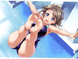 Rule 34 | 1girl, :d, absurdres, armpits, ass, bare legs, barefoot, blue eyes, blue one-piece swimsuit, breasts, brown hair, competition swimsuit, cropped, detexted, feet, highres, inou shin, love live!, love live! sunshine!!, medium breasts, midair, official art, one-piece swimsuit, open mouth, outstretched arms, scan, short hair, smile, soles, solo, sparkle, swimsuit, third-party edit, toes, watanabe you, water drop