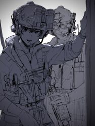 Rule 34 | 1boy, 1girl, beard, ear protection, facial hair, gloves, gun, helmet, highres, looking at viewer, military, military operator, monochrome, night vision device, original, parted lips, pen guin15, bulletproof vest, simple background, sketch, smile, tactical clothes, upper body, weapon