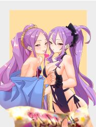 Rule 34 | 2girls, bare shoulders, black one-piece swimsuit, breasts, chinese clothes, cleavage, dress, dual persona, earrings, fate/grand order, fate (series), forehead, hair between eyes, hair ornament, hair scrunchie, hanfu, heart, highleg, highleg swimsuit, highres, jewelry, large breasts, long hair, long sleeves, looking at viewer, multiple girls, niwaikanai, off shoulder, one-piece swimsuit, open mouth, parted bangs, ponytail, purple dress, purple eyes, purple hair, scrunchie, sidelocks, small breasts, smile, summon ticket (fate), swimsuit, tongue, tongue out, twintails, variant set, very long hair, wide sleeves, wrist scrunchie, wu zetian (fate), wu zetian (first ascension) (fate), wu zetian (swimsuit caster) (fate), wu zetian (swimsuit caster) (first ascension) (fate), yellow scrunchie