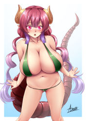 Rule 34 | 1girl, adsouto, bikini, blush, breasts, cleavage, dragon girl, dragon horns, dragon tail, gradient hair, highres, horns, huge breasts, ilulu (maidragon), kobayashi-san chi no maidragon, long hair, monster girl, multicolored hair, open mouth, pointy ears, red eyes, red hair, revealing clothes, skindentation, solo, swimsuit, tail