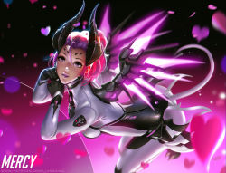 Rule 34 | 1girl, alternate costume, alternate hair color, character name, demon girl, demon tail, heart, horns, imp mercy, liang xing, looking at viewer, mechanical wings, mercy (overwatch), overwatch, overwatch 1, parted lips, purple hair, solo, tail, wings