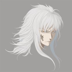 Rule 34 | 1boy, ciel-nuage, close-up, closed mouth, eyelashes, facial tattoo, grey background, hair between eyes, long eyelashes, long hair, looking at viewer, male focus, original, simple background, solo, tattoo, upper body, white hair