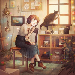 Rule 34 | 1girl, bad id, bad pixiv id, black socks, blouse, blurry, book, brown hair, cat, chair, clock, collared shirt, crescent moon, depth of field, flower pot, full body, green eyes, highres, indoors, lace, lace-trimmed legwear, lace trim, megumu, moon, original, picture frame, plant, pleated skirt, polka dot, polka dot skirt, potted plant, shirt, shoes, short hair, short sleeves, sitting, skirt, smile, socks, solo, star (symbol), white shirt, window