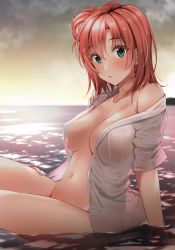 Rule 34 | 1girl, :o, absurdres, bare shoulders, blue eyes, blush, breasts, cloud, collarbone, commentary request, covered erect nipples, hair between eyes, hair bun, highres, in water, kitaku (nakamachi machi), large breasts, looking at viewer, naked shirt, navel, off shoulder, open clothes, open mouth, orange hair, see-through, shirt, short hair, side bun, single hair bun, single side bun, sitting, sky, solo, thighs, unbuttoned, unbuttoned shirt, water, wet, wet clothes, white shirt, yahari ore no seishun lovecome wa machigatteiru., yuigahama yui