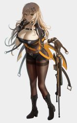 Rule 34 | 1girl, absurdres, black footwear, black gloves, black shirt, black shorts, blonde hair, boots, braid, breasts, brown pantyhose, cape, cleavage, covered navel, crop top, full body, gloves, green eyes, gun, hair between eyes, hair ornament, hairclip, hand up, highres, holding, holding gun, holding weapon, large breasts, lee nabi, long hair, looking at viewer, myabit, pantyhose, rifle, scope, shirt, short shorts, shorts, simple background, sniper rifle, solo, soulworker, standing, thighband pantyhose, weapon, white background, wing collar