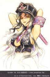 Rule 34 | 1girl, arms behind head, arms up, bikini, black bikini, black hair, black hat, bodystocking, breasts, cleavage, cropped torso, dated, english text, facial mark, fate/grand order, fate (series), forehead mark, hat, inktober, large breasts, long hair, looking at viewer, mixed-language text, multicolored hair, necktie, nekobayashi, open mouth, parted bangs, peaked cap, pink armband, pink hair, pink necktie, police hat, sessyoin kiara, sessyoin kiara (swimsuit mooncancer), sessyoin kiara (swimsuit mooncancer) (second ascension), sideboob, sidelocks, signature, simple background, solo, streaked hair, swimsuit, traffic baton, very long hair, white background, yellow eyes, zipper, zipper pull tab