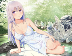 Rule 34 | 1girl, banned artist, bare arms, bare shoulders, barefoot, breasts, commentary request, covered erect nipples, crystal, day, dress, grey hair, hair between eyes, long hair, looking at viewer, medium breasts, n.g., original, outdoors, parted lips, purple eyes, see-through, sleeveless, sleeveless dress, solo, very long hair, water, white dress