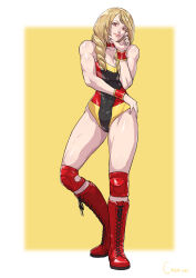 Rule 34 | 1girl, 2023, absurdres, artist name, bare shoulders, black leotard, blonde hair, boots, border, breasts, choker, cirenk, cleavage, closed mouth, commission, full body, highres, jojo no kimyou na bouken, jojo pose, knee pads, large breasts, leotard, lips, long hair, looking at viewer, muscular, muscular female, original, red choker, red eyes, red footwear, smile, solo, standing, standing on one leg, stone ocean, strapless, strapless leotard, white border, wrestling outfit, yellow background