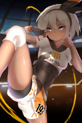 Rule 34 | 1girl, absurdres, bea (pokemon), black bow, black hairband, bow, bow hairband, closed mouth, covered navel, creatures (company), cropped shirt, dark-skinned female, dark skin, expressionless, fighting stance, game freak, gloves, grey eyes, hair bow, hairband, highres, knee pads, looking at viewer, medium hair, nintendo, partially fingerless gloves, pokemon, pokemon swsh, shirt, short shorts, shorts, single glove, solo, standing, standing on one leg, sweat, unizou, white hair, white shirt, white shorts