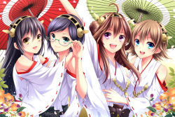 Rule 34 | 10s, 4girls, :d, bare shoulders, black hair, blue eyes, blush, breasts, brown hair, detached sleeves, double bun, flower, glasses, hairband, haruna (kancolle), headgear, hiei (kancolle), japanese clothes, kantai collection, kirishima (kancolle), kongou (kancolle), long hair, multiple girls, nontraditional miko, oil-paper umbrella, open mouth, personification, purple eyes, ribbon-trimmed sleeves, ribbon trim, ringo ame, short hair, skirt, smile, umbrella, yellow eyes