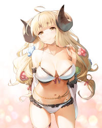 Rule 34 | 1girl, absurdres, ahoge, anila (granblue fantasy), anila (summer) (granblue fantasy), bikini, blonde hair, blush, breasts, draph, front-tie top, granblue fantasy, hair ornament, hair ribbon, highres, horns, large breasts, long hair, navel, nekomu, ribbon, sheep horns, simple background, smile, solo, swimsuit, thick eyebrows, thigh strap, white bikini, yellow eyes