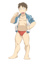 Rule 34 | &gt;:d, 1boy, :d, bad id, bad pixiv id, brown eyes, brown hair, bulge, collarbone, full body, hand on own hip, jacket, long sleeves, looking at viewer, male focus, male swimwear, muscular, nezumi ranna, nichijou, open clothes, open jacket, open mouth, red male swimwear, red swim briefs, simple background, smile, solo, sportswear, standing, swim briefs, swimsuit, takasaki manabu, track jacket, v-shaped eyebrows, whistle, white background
