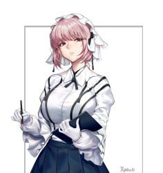 Rule 34 | 1girl, black ribbon, blue skirt, border, braid, clipboard, commentary request, dated, fate/grand order, fate (series), florence nightingale (fate), frilled hat, frills, gloves, grey border, hat, highres, holding, holding pen, military, military uniform, nurse cap, open mouth, pen, pink hair, puffy sleeves, ribbon, shrug (clothing), signature, single braid, skirt, solo, standing, uniform, white background, white gloves, yagitome87