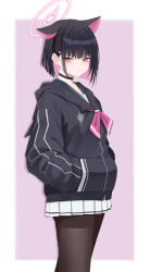 Rule 34 | 1girl, absurdres, animal ears, black choker, black hair, black hoodie, black pantyhose, blue archive, border, cat ears, choker, closed mouth, colored inner hair, commentary request, cowboy shot, hair ornament, hairclip, halo, hands in pockets, highres, hood, hoodie, kazusa (blue archive), kuyoumi, long sleeves, looking at viewer, multicolored hair, neckerchief, pantyhose, pink hair, pink halo, pink neckerchief, pleated skirt, purple background, red eyes, school uniform, short hair, skirt, solo, standing, white border, white skirt