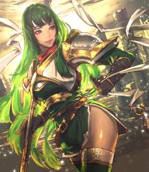 Rule 34 | 1girl, armor, breastplate, breasts, cloud, commentary request, dress, elbow gloves, fire emblem, fire emblem: mystery of the emblem, fire emblem heroes, gloves, green dress, green eyes, green hair, headband, highres, holding, holding polearm, holding weapon, kaburagi yasutaka, long hair, medium breasts, nintendo, palla (fire emblem), pegasus knight uniform (fire emblem), pillar, polearm, ribbon, shoulder armor, side slit, sky, smile, solo, standing, strap, sunset, thighhighs, thighs, weapon