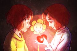 Rule 34 | :o, alternate universe, androgynous, artist name, brown background, brown eyes, brown hair, chara (undertale), flower, flowey (undertale), frisk (undertale), from side, gender request, glowing, grey eyes, half-closed eyes, heart, long sleeves, open mouth, shirt, short hair, simple background, spoilers, striped clothes, striped shirt, sweater, tenperu tapio, undertale, upper body