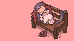 Rule 34 | 1girl, brown footwear, dress, eyelashes, honzuki no gekokujou, knees up, ling samsam, long hair, myne (honzuki no gekokujou), no nose, pillow, pink background, purple hair, reading, sitting, socks, solid oval eyes, solo, stuffed animal, stuffed rabbit, stuffed toy, unworn footwear, white dress, white socks