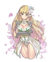 Rule 34 | 1girl, blonde hair, blush, breasts, cleavage, closed mouth, cropped legs, gloves, green eyes, hair ornament, large breasts, leotard, long hair, looking at viewer, pointy ears, solo, suertee34, suggestive, very long hair