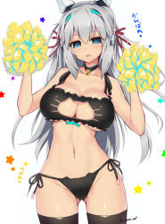 Rule 34 | 1girl, android, artist name, bell, black thighhighs, blue eyes, blush, breasts, cat cutout, cat ear panties, cat lingerie, cheering, cleavage, cleavage cutout, clothing cutout, collar, commentary, cowboy shot, dangan neko, eyebrows, gluteal fold, grey hair, hair between eyes, hair ribbon, hands up, headgear, highres, jingle bell, large breasts, long hair, meme attire, navel, neck bell, open mouth, original, panties, pom pom (cheerleading), red ribbon, ribbon, russia (dangan neko), side-tie panties, simple background, solo, star (symbol), starry background, stomach, symbol-shaped pupils, thighhighs, translated, underwear, white background