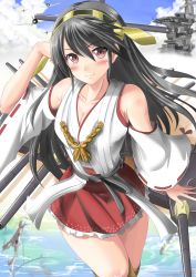 Rule 34 | 10s, 1girl, aircraft, airplane, bare shoulders, battleship, black hair, breasts, cleavage, cloud, collarbone, day, detached sleeves, hairband, haruna (kancolle), highres, ichikawa feesu, japanese clothes, kantai collection, large breasts, long hair, looking at viewer, mecha musume, military, military vehicle, outdoors, personification, red eyes, ribbon-trimmed sleeves, ribbon trim, ship, skirt, sky, smile, solo, thighhighs, warship, watercraft