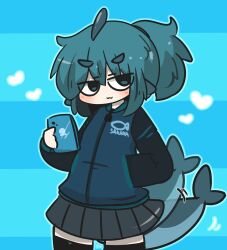 Rule 34 | 1girl, :3, afterimage, black skirt, black thighhighs, blue background, blue eyes, blue hair, blue jacket, blue outline, blush, cellphone, closed mouth, clothes writing, commentary request, cowboy shot, fins, fish tail, fuka-chan, hair between eyes, hand in pocket, heart, highres, holding, holding phone, jacket, long sleeves, motion lines, original, outline, phone, pleated skirt, ponytail, puffy long sleeves, puffy sleeves, romaji text, shark tail, short eyebrows, skirt, sleeves past wrists, solo, standing, tail, tail wagging, thick eyebrows, thighhighs, two-tone background, uni souchou