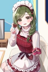 Rule 34 | 1girl, apron, blush, box, braid, breasts, candy, chocolate, chocolate heart, couch, dress, fingernails, food, green eyes, green hair, hair ribbon, heart, heart-shaped box, highres, holding, holding box, holding chocolate, holding food, idolmaster, idolmaster shiny colors, indoors, looking at viewer, maid headdress, maruno zzz, medium breasts, nail polish, nanakusa hazuki, on couch, red dress, ribbed sweater, ribbon, single sidelock, sitting, smile, solo, sweater, swept bangs, waist apron, white sweater