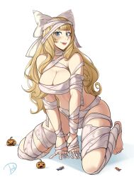 Rule 34 | 1girl, absurdres, all fours, bandages, barefoot, blonde hair, blue eyes, blunt bangs, bow, breasts, candy, charlotte (fire emblem), cleavage, deliciousbrain, fire emblem, fire emblem fates, food, hair bow, halloween, halloween costume, highres, jack-o&#039;-lantern, kneeling, large breasts, looking at viewer, mummy costume, nintendo, open mouth, short bangs, solo, white bow