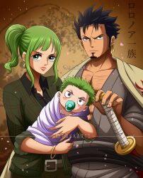 Rule 34 | 1girl, 2boys, absurdres, aged down, baby, black hair, breasts, carrying, closed mouth, commentary, earrings, english commentary, facial hair, family, father and son, green eyes, green hair, highres, husband and wife, japanese clothes, jewelry, katana, kimono, lips, long hair, looking at viewer, medium breasts, mother and son, multiple boys, one piece, pacifier, pants, ponytail, rakara11 (rakkarts), roronoa arashi, roronoa zoro, shirt, short hair, sword, tera (one piece), weapon