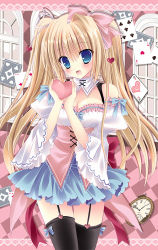 Rule 34 | 1girl, :d, black thighhighs, blonde hair, blue eyes, bow, breasts, cleavage, frills, hair bow, hair ribbon, heart, kirishima riona, long hair, looking at viewer, open mouth, original, ribbon, smile, solo, thighhighs, twintails