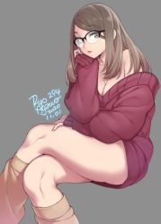 Rule 34 | 1girl, 2020, agawa ryou, bare shoulders, breasts, brown hair, cleavage, commentary, dated, green eyes, grey background, crossed legs, lips, long hair, looking at viewer, original, simple background, solo, sweater, thick thighs, thighs