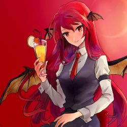 Rule 34 | armband, bat wings, black skirt, black vest, blush, breasts, cherry, cocktail, cocktail glass, commentary request, cowboy shot, cup, dress shirt, drink, drinking glass, drinking straw, ef (ppps33), eyelashes, food, fruit, hair between eyes, head tilt, head wings, koakuma, long hair, long sleeves, looking at viewer, medium breasts, necktie, orange (fruit), orange slice, red background, red eyes, red hair, red neckwear, shirt, sidelocks, simple background, sitting, skirt, skirt set, smile, touhou, very long hair, vest, white shirt, wings