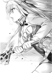 Rule 34 | 1girl, assassins pride, braid, breasts, cleavage cutout, clothing cutout, floating hair, from side, greyscale, hair between eyes, hair ribbon, highres, holding, holding sword, holding weapon, long hair, merida angel, miniskirt, monochrome, neck ribbon, ninomoto, novel illustration, official art, open mouth, ribbon, skirt, small breasts, solo, sword, thighhighs, weapon