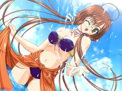 Rule 34 | 1girl, ahoge, bikini, brown hair, clothes lift, day, dutch angle, game cg, glasses, long hair, non-web source, one eye closed, ripple ~blue seal e youkoso~, sarong, sarong lift, solo, splashing, swimsuit, twintails, water, wink, yabe mahono, yellow eyes