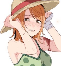Rule 34 | 1girl, bandaged hand, bandages, bare shoulders, blood, blush, chiya op, hat, holding, holding clothes, holding hat, injury, looking at viewer, nami (one piece), one piece, orange eyes, orange hair, short hair, solo, straw hat, teardrop, tears, upper body, white background