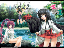 3girls hakama hakama_skirt japanese_clothes miko multiple_girls noritama_(gozen) one-piece_swimsuit red_hakama school_swimsuit skirt swimsuit