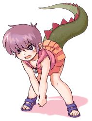 Rule 34 | 1girl, bent over, blush, dragon tail, fang, flat chest, full body, highres, open mouth, original, oyatsu (mk2), purple eyes, purple hair, sandals, short hair, simple background, skirt, solo, tail, v arms, white background