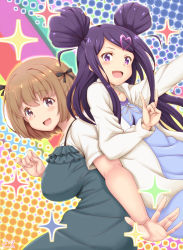 Rule 34 | 2girls, :d, black bow, blue dress, blush, bow, breasts, brown hair, character request, dotted background, double bun, dress, hair bow, hair bun, hair ornament, heart, heart hair ornament, highres, large breasts, long hair, looking at viewer, multiple girls, ochikobore fruit tart, open mouth, purple eyes, purple hair, samenoido, sekino roko, short sleeves, smile, sparkle