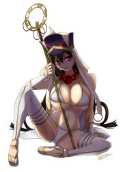Rule 34 | arm support, bare shoulders, bikini, black hair, breasts, cleavage, earrings, fate/grand order, fate (series), hat, highres, hoop earrings, huge breasts, jewelry, leg up, long hair, navel, red eyes, simple background, smile, solo, staff, swimsuit, thighhighs, thighs, tokihama jirou, white background, white thighhighs, xuangzang sanzang (fate)