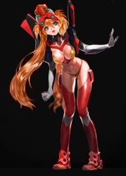 Rule 34 | 1girl, absurdres, alternate breast size, alternate hairstyle, arm up, armor, bikini armor, black background, blue eyes, breasts, cleavage, cosplay, curvy, eva 02, full body, gloves, hair between eyes, hand up, highres, large breasts, leaning to the side, long hair, navel, neon genesis evangelion, open mouth, orange hair, rebuild of evangelion, red thighhighs, shiny skin, simple background, solo, souryuu asuka langley, standing, thighhighs, thong, twintails, very long hair, yd (orange maru)