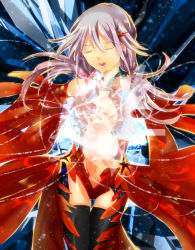 Rule 34 | 10s, 1girl, bad id, bad pixiv id, bare shoulders, black thighhighs, breasts, center opening, cleavage, detached sleeves, elbow gloves, fingerless gloves, fujishiro kokoa, gloves, guilty crown, hair ornament, hairclip, hands on own chest, highres, long hair, navel, open mouth, pink hair, small breasts, solo, thighhighs, twintails, yuzuriha inori