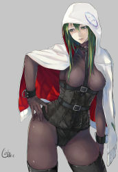 Rule 34 | 1girl, absurdres, belt, boots, breasts, capelet, contrapposto, corset, covered erect nipples, gluteal fold, green eyes, green hair, hetza (hellshock), highres, jikeshi, jikeshibann, jitome, long hair, matching hair/eyes, medium breasts, original, parted lips, see-through, simple background, solo, standing, thigh boots, thighhighs, wrist cuffs