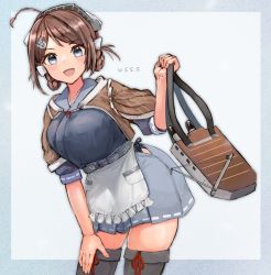 Rule 34 | 1girl, ahoge, artist name, blue eyes, blue sailor collar, blush, breasts, brown hair, brown shawl, chougei (kancolle), cowboy shot, grey skirt, hair ornament, holding, kantai collection, large breasts, open mouth, pleated skirt, sailor collar, shawl, short hair, signature, skirt, smile, solo, torpedo, wss (nicoseiga19993411)