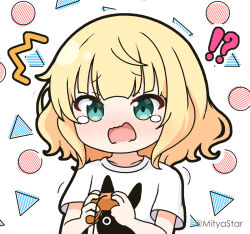Rule 34 | !?, 1girl, ^^^, animal print, blonde hair, commentary request, controller, game controller, green eyes, holding, marl (shironeko project), mitya, open mouth, outline, print shirt, rabbit print, shironeko project, shirt, short sleeves, solo, tears, twitter username, upper body, wavy mouth, white background, white outline, white shirt