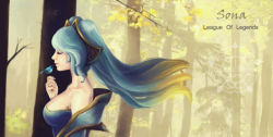 Rule 34 | 1girl, aqua hair, bad deviantart id, bad id, bare shoulders, bird, blonde hair, breasts, character name, closed eyes, fingernails, gradient hair, hair ornament, hairclip, jewelry, large breasts, league of legends, long hair, multicolored hair, nail polish, ring, roseberries, solo, sona (league of legends), tree, twintails, watermark
