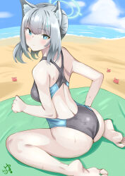 Rule 34 | 1girl, ass, beach, blue archive, blue sky, competition swimsuit, crab, highres, looking at viewer, ocean, one-piece swimsuit, sand, shiroko (blue archive), shiroko (swimsuit) (blue archive), sitting, sky, snow-yuuki, solo, swimsuit, wariza, wedgie