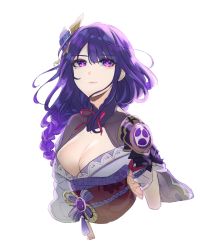 Rule 34 | 1girl, absurdres, armor, braid, breasts, cleavage, closed mouth, commentary, english commentary, flower, genshin impact, hair ornament, highres, japanese clothes, kimono, large breasts, long hair, mole, mole under eye, purple eyes, purple flower, purple hair, raiden shogun, ribbon, sash, shoulder armor, simple background, solo, sp0i0ppp, tassel, vision (genshin impact), white background
