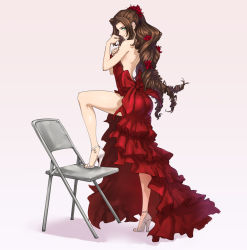 Rule 34 | 1girl, aerith gainsborough, aerith gainsborough (red dress), ass, back, backless dress, backless outfit, bare legs, bare shoulders, breasts, brown hair, chair, clenched hand, dress, drill hair, final fantasy, final fantasy vii, final fantasy vii remake, flexing, flower, folding chair, foot up, frills, from side, full body, gathers, green eyes, hair flower, hair intakes, hair ornament, high heels, jewelry, long hair, looking at viewer, looking back, nail polish, necklace, official alternate costume, ozkh, pink background, red dress, red nails, sandals, side slit, sideboob, simple background, smile, smirk, solo, square enix, standing, strapless, strappy heels, thighs, very long hair, wall market, white footwear