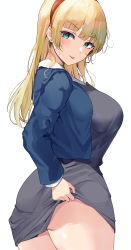 Rule 34 | 1girl, absurdres, alternate breast size, blonde hair, blue jacket, breasts, clothes lift, collared shirt, from side, green eyes, hairband, heanna sumire, highres, jacket, large breasts, lifting own clothes, long hair, looking at viewer, love live!, love live! superstar!!, namazu (yamasonson), nijigasaki school uniform, red hairband, school uniform, shirt, simple background, skirt, skirt lift, solo, tongue, tongue out, white background, white shirt